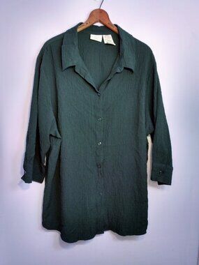 White Stag Green Crinkle Gauze Button Up Blouse 3X Vintage Coastal Casual Beach